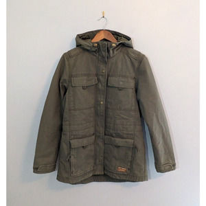 L L Bean Olive Green Canvas Utility Jacket Size Small Primaloft Quilted Hooded